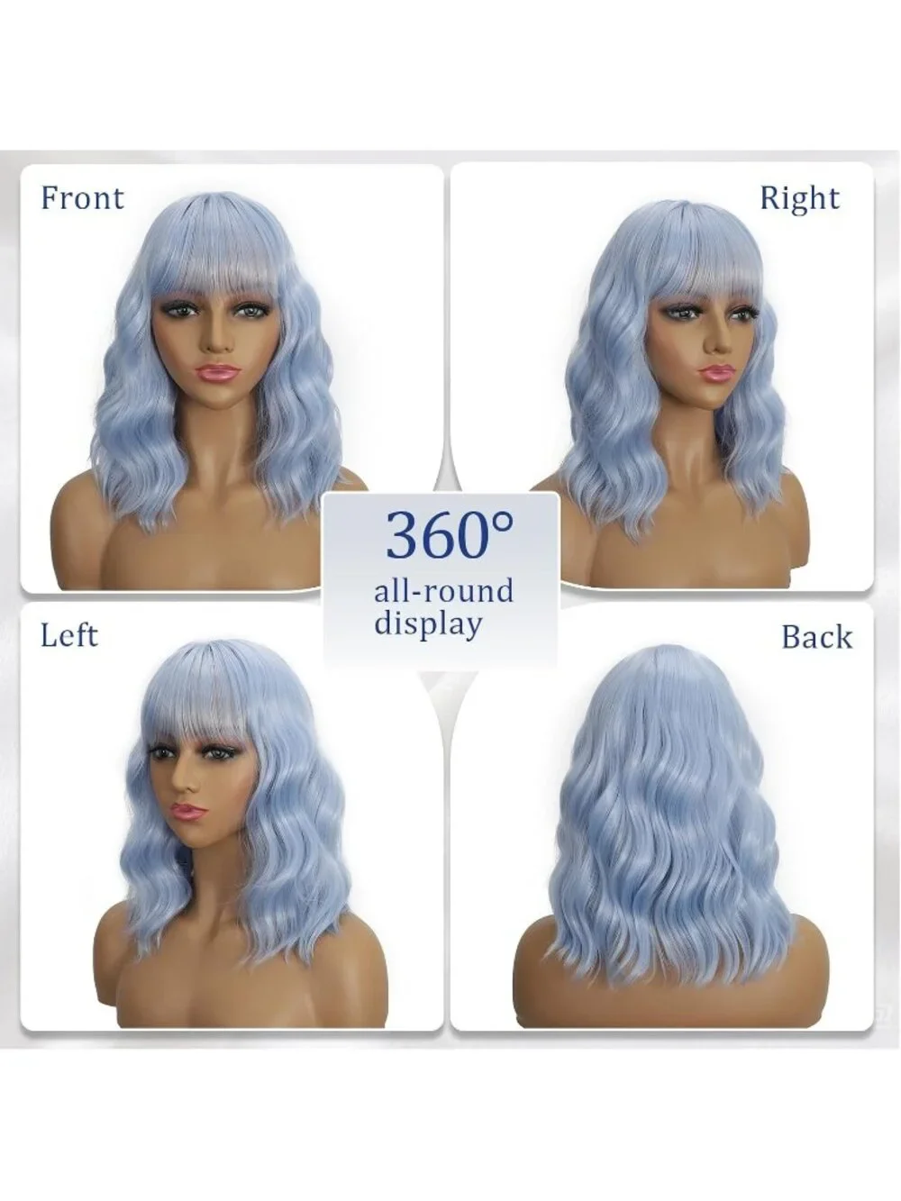 Women's Light Blue 14 Inch Heat Resistant Synthetic Short Wavy Bob Wigs Bangs